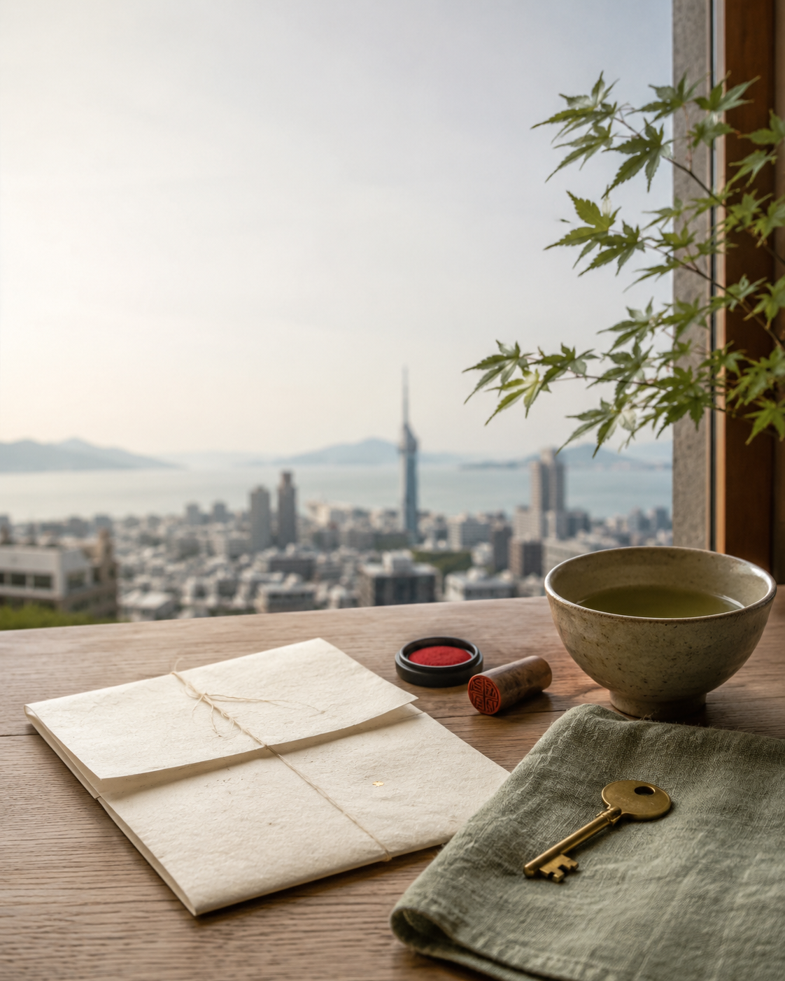 窗邊的書信與福岡街景