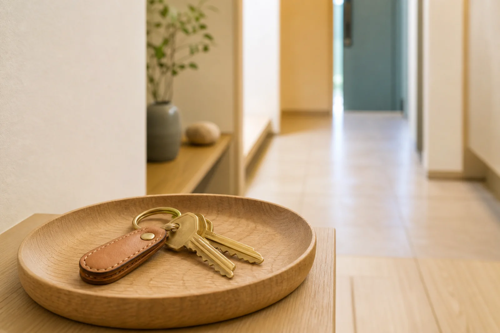 Brass keys on a wooden tray at the entrance of a new home, a teal-blue door beyond, marking handover day.