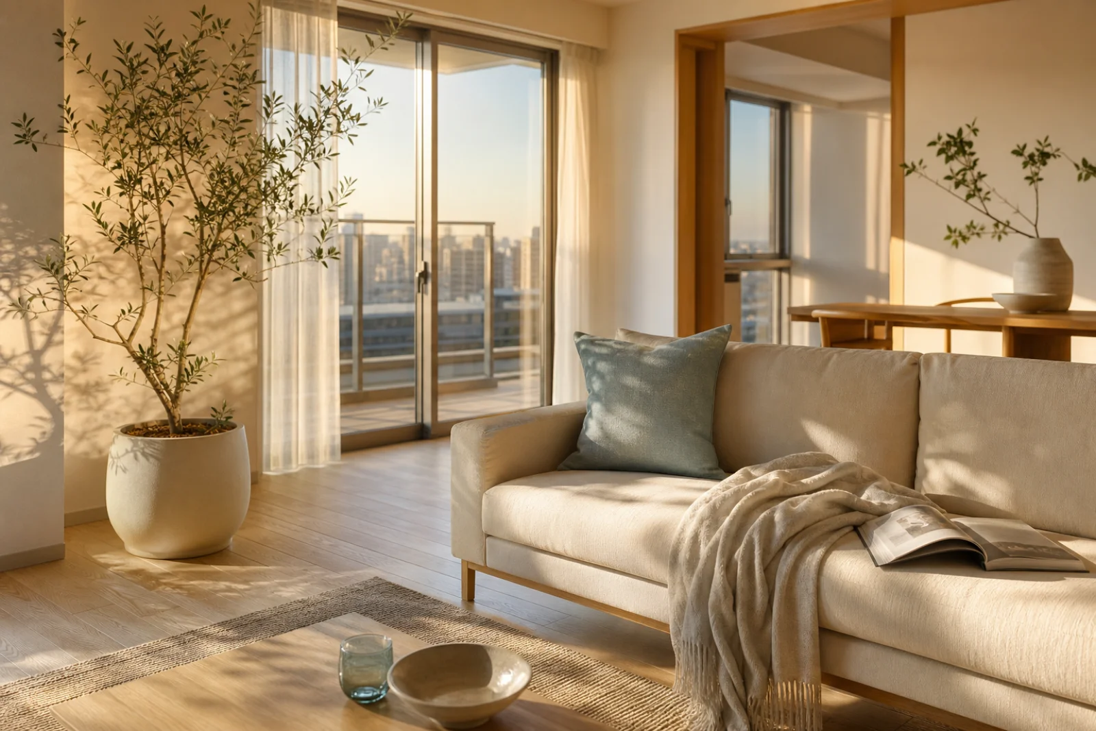 A new-build living room in the afternoon light, with a potted olive tree and teal-blue cushions, hinting at the life that begins here.
