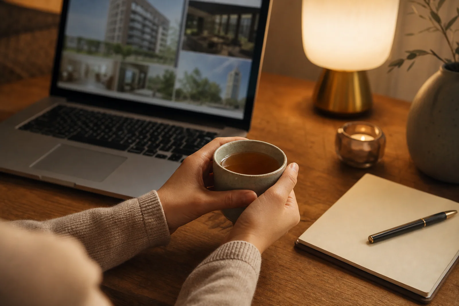 Hands at a desk at night, oolong tea to one side, browsing a Japanese property portal on a laptop. A quiet hour spent searching for a Fukuoka new-build from overseas.